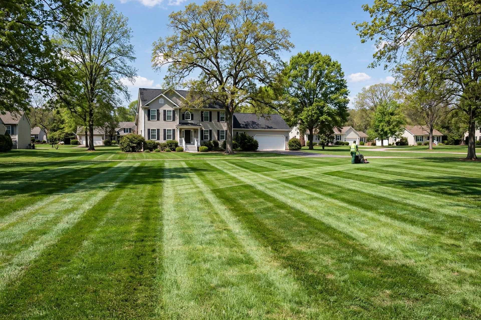 Freshly mowed lawn with stripes at a managed property